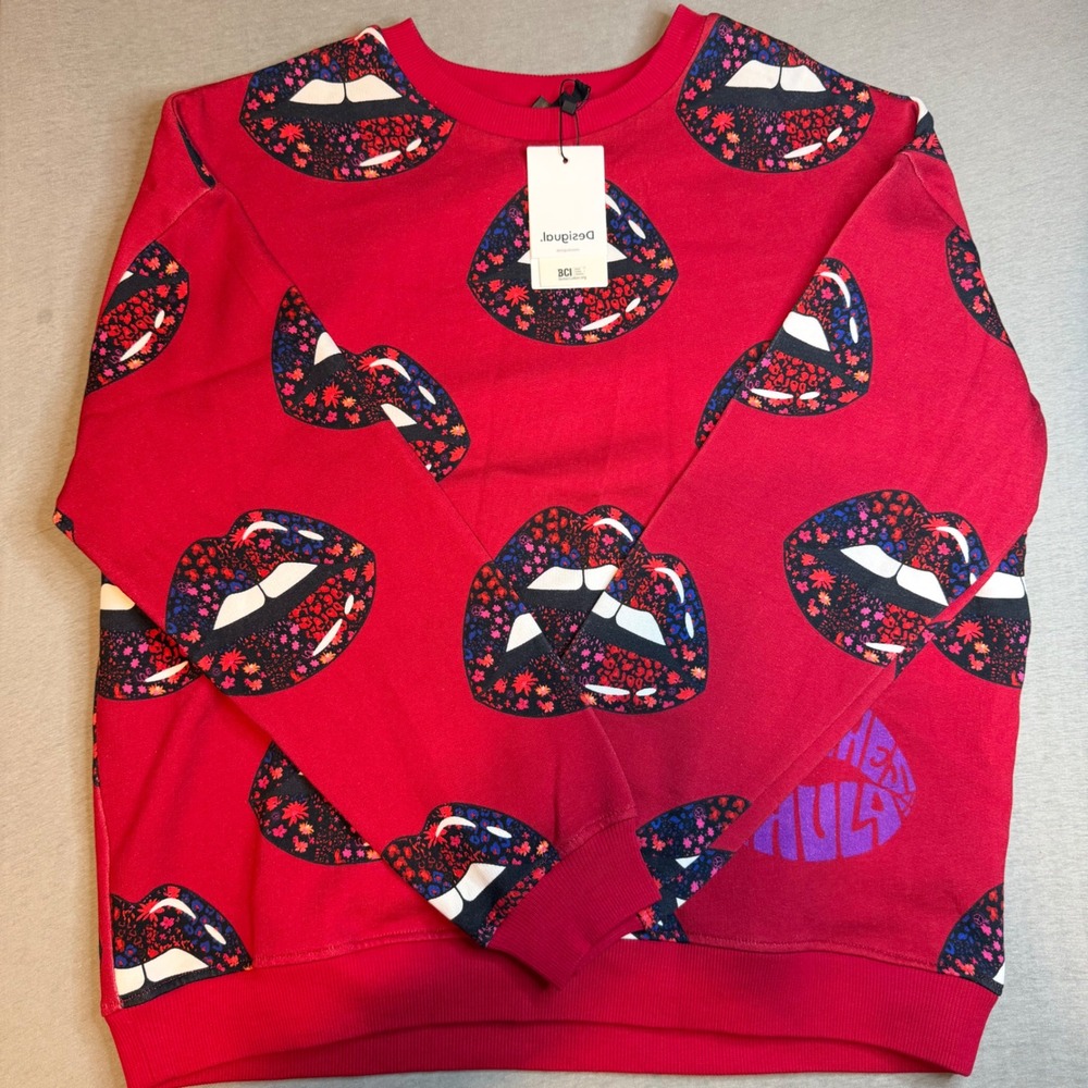 Desigual Sweat Georgina‎ Red Floral Lips Graphic Crewneck Sweatshirt NWT Size L
